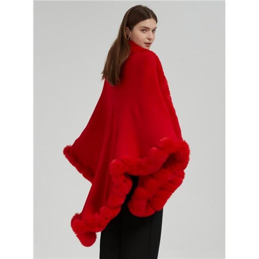 Cruelty Free FAUX FUR Lady in Red TRUE CRIMSON Cardigan Shawl Winter Cape - Picture 6 of 7